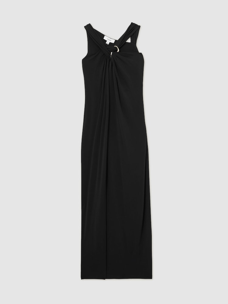 Reiss Navy Eliza Gathered Neck Jersey Midi Dress - Image 2 of 6