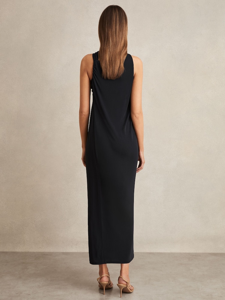 Reiss Navy Eliza Gathered Neck Jersey Midi Dress - Image 5 of 6