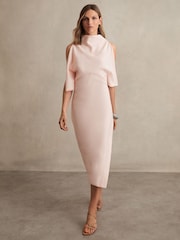 Reiss Pale Pink Petra Draped-Front High-Neck Midi Dress - Image 1 of 5
