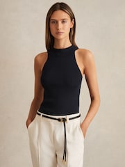 Reiss Navy Lacey Rib Knit High Neck Vest - Image 1 of 6