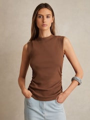 Reiss Toffee Brown Trudy Ribbed Ruched Waist Vest - Image 1 of 6