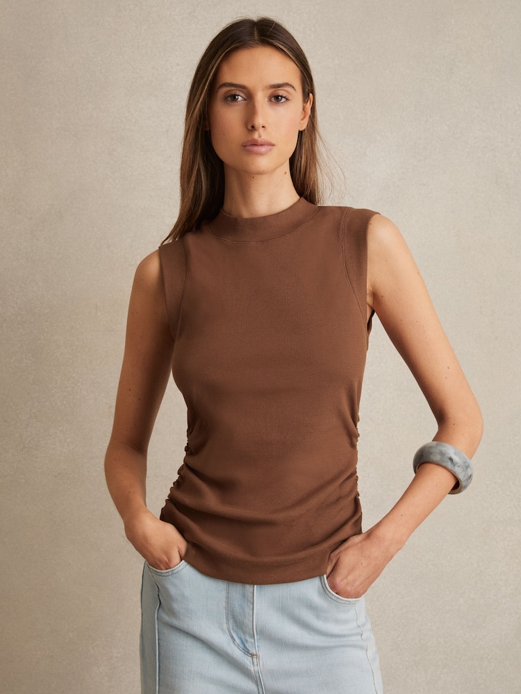 Reiss Toffee Brown Trudy Ribbed Ruched Waist Vest - Image 1 of 6