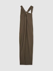 Reiss Mocha Eliza Gathered Neck Jersey Midi Dress - Image 2 of 7