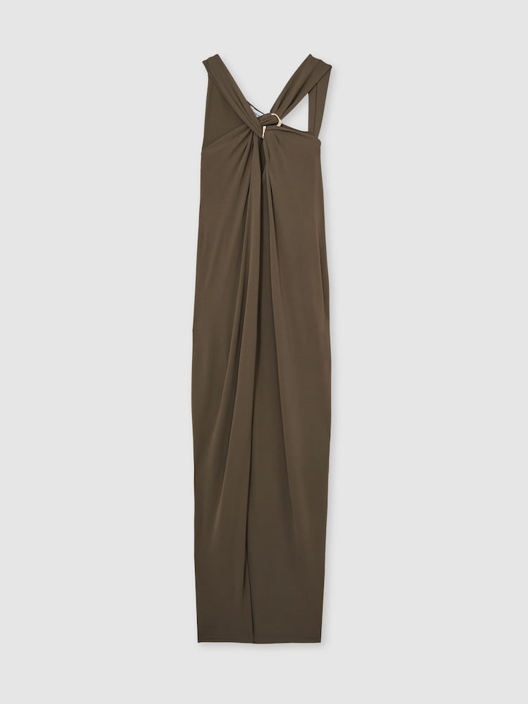 Reiss Mocha Eliza Gathered Neck Jersey Midi Dress - Image 2 of 7