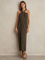 Reiss Mocha Eliza Gathered Neck Jersey Midi Dress - Image 3 of 7