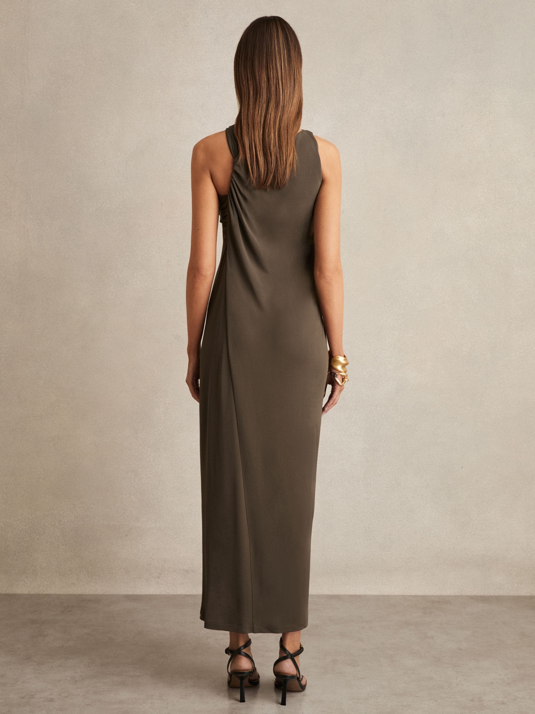 Buy Reiss Mocha Eliza Gathered Neck Jersey Midi Dress from