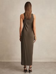 Reiss Mocha Eliza Gathered Neck Jersey Midi Dress - Image 6 of 7
