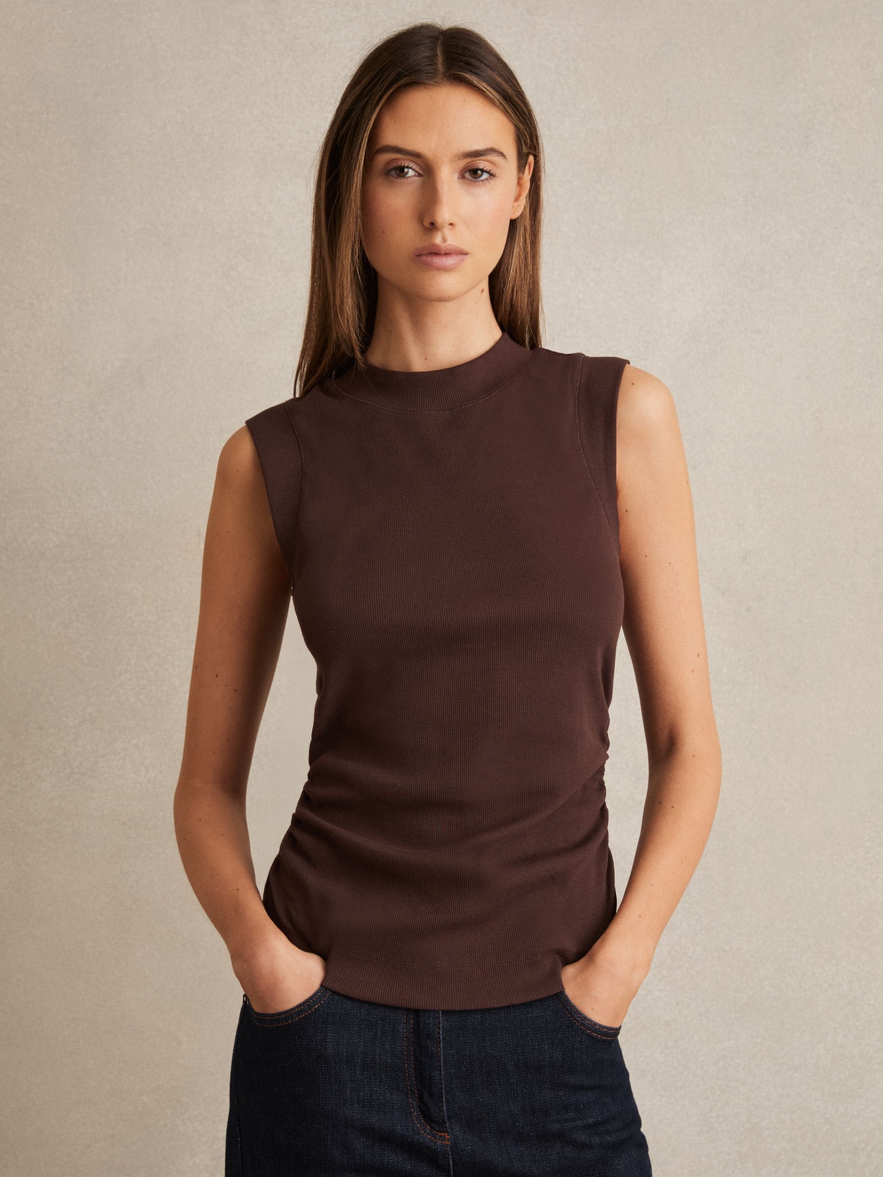 Reiss Chocolate Ribbed Ruched Waist Vest