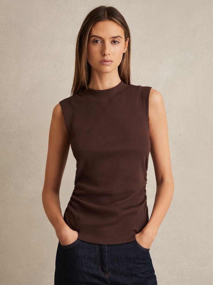 Reiss Chocolate Trudy Ribbed Ruched Waist Vest - Image 1 of 6