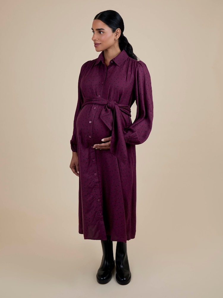 JoJo Maman Bébé Red Spot Maternity Midi Shirt Dress With Tie - Image 1 of 5