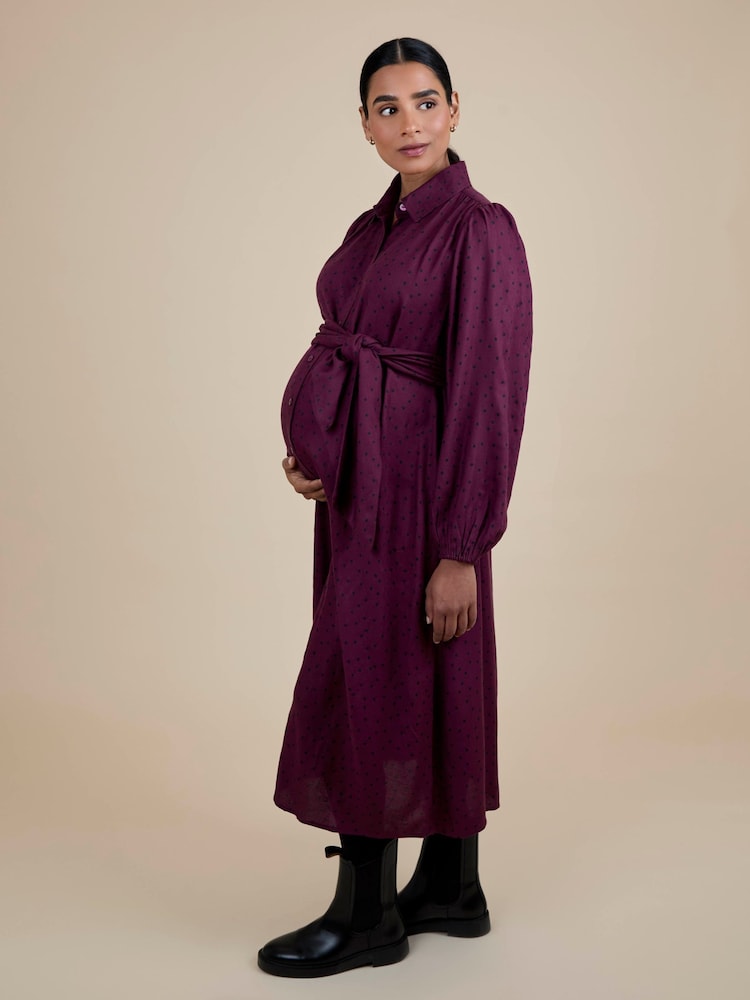 JoJo Maman Bébé Red Spot Maternity Midi Shirt Dress With Tie - Image 2 of 5