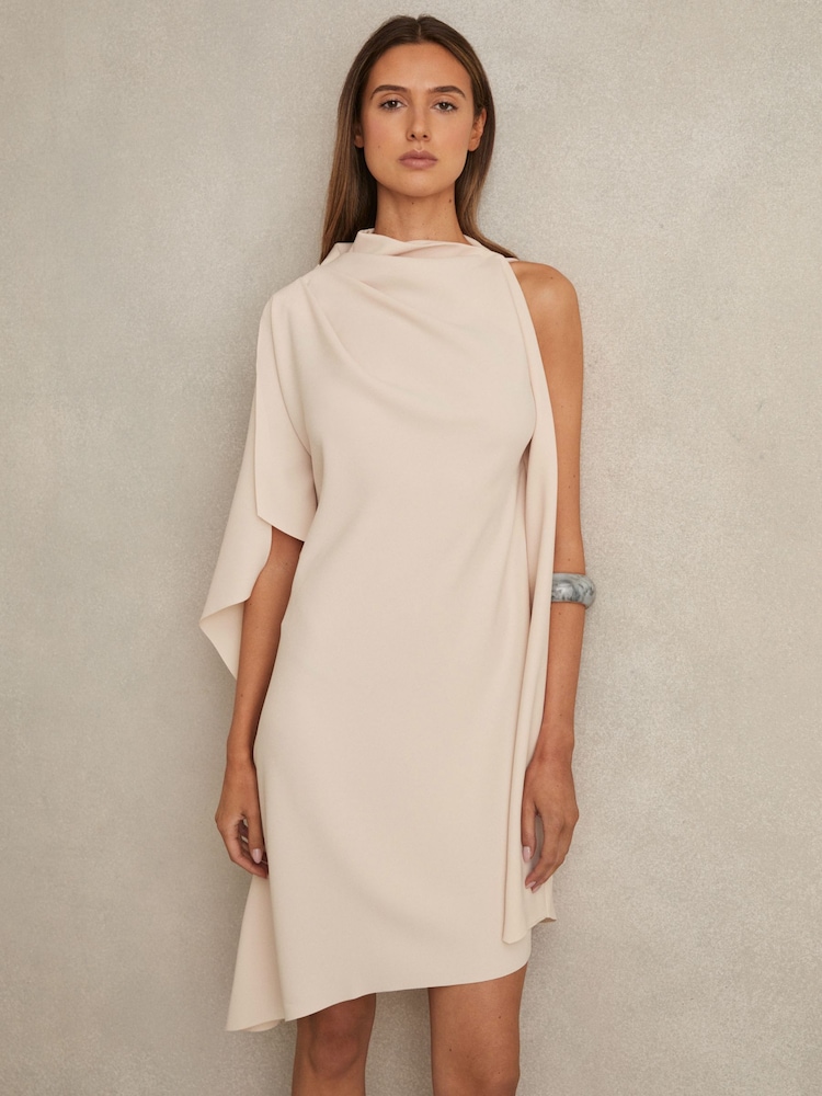 Reiss Pale Pink Ellery One Shoulder Draped Mini Dress - Image 3 of 6