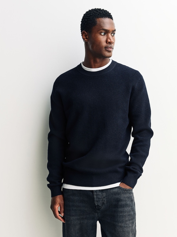 Navy Blue Crew Neck Regular Fit Essential Textured Knit Jumper - Image 1 of 7 Navy Blue Crew Neck Regular Fit Essential Textured Knit Jumper - Image 1 of 7