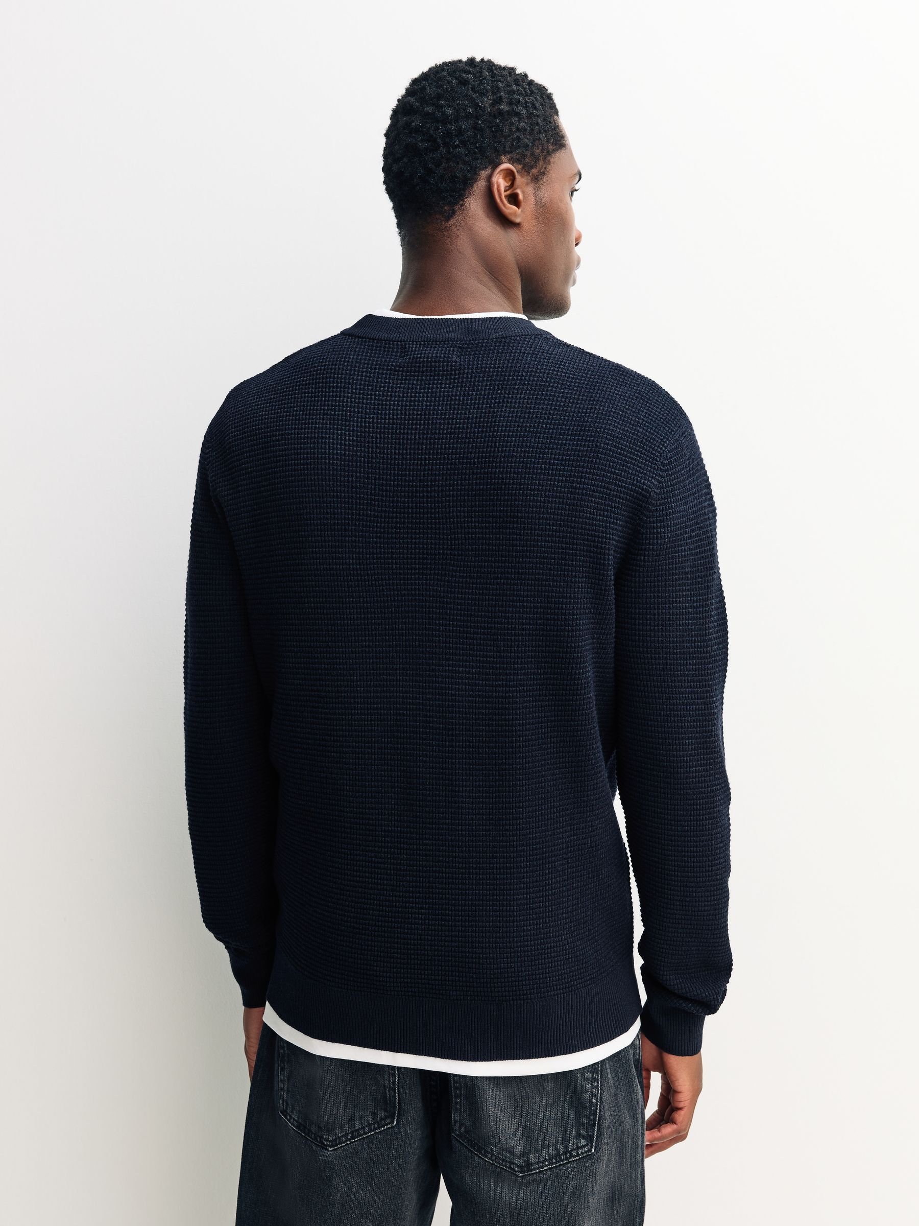 Buy Navy Blue Crew Neck Regular Fit Essential Textured Knit Jumper