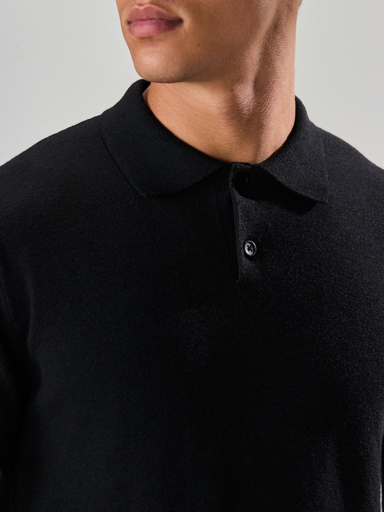 Schwarz - Essentielles langärmeliges Strick-Polo-Shirt in normaler Passform - Bild 4 von 4