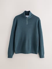 Teal Blue Regular Fit Essential Ribbed Quarter Zip Neck Jumper - Image 6 of 7