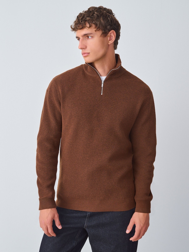 Rust Brown Regular Fit Essential Ribbed Quarter Zip Neck Jumper - Image 1 of 4