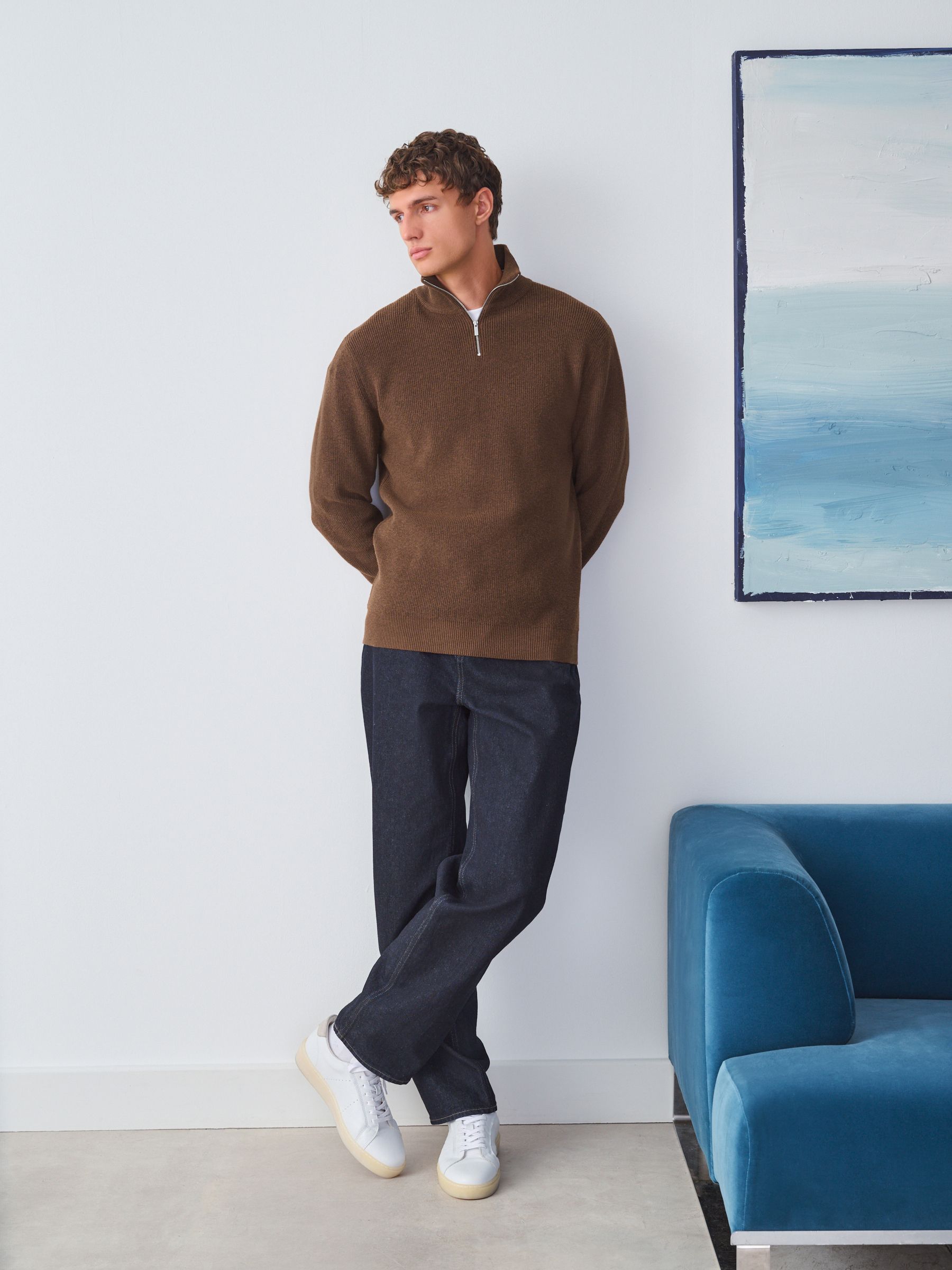 Buy Rust Brown Regular Fit Essential Ribbed Quarter Zip Neck