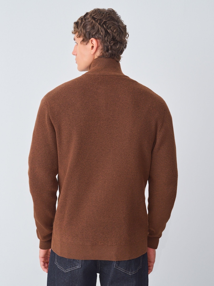 Rust Brown Regular Fit Essential Ribbed Quarter Zip Neck Jumper - Image 2 of 4
