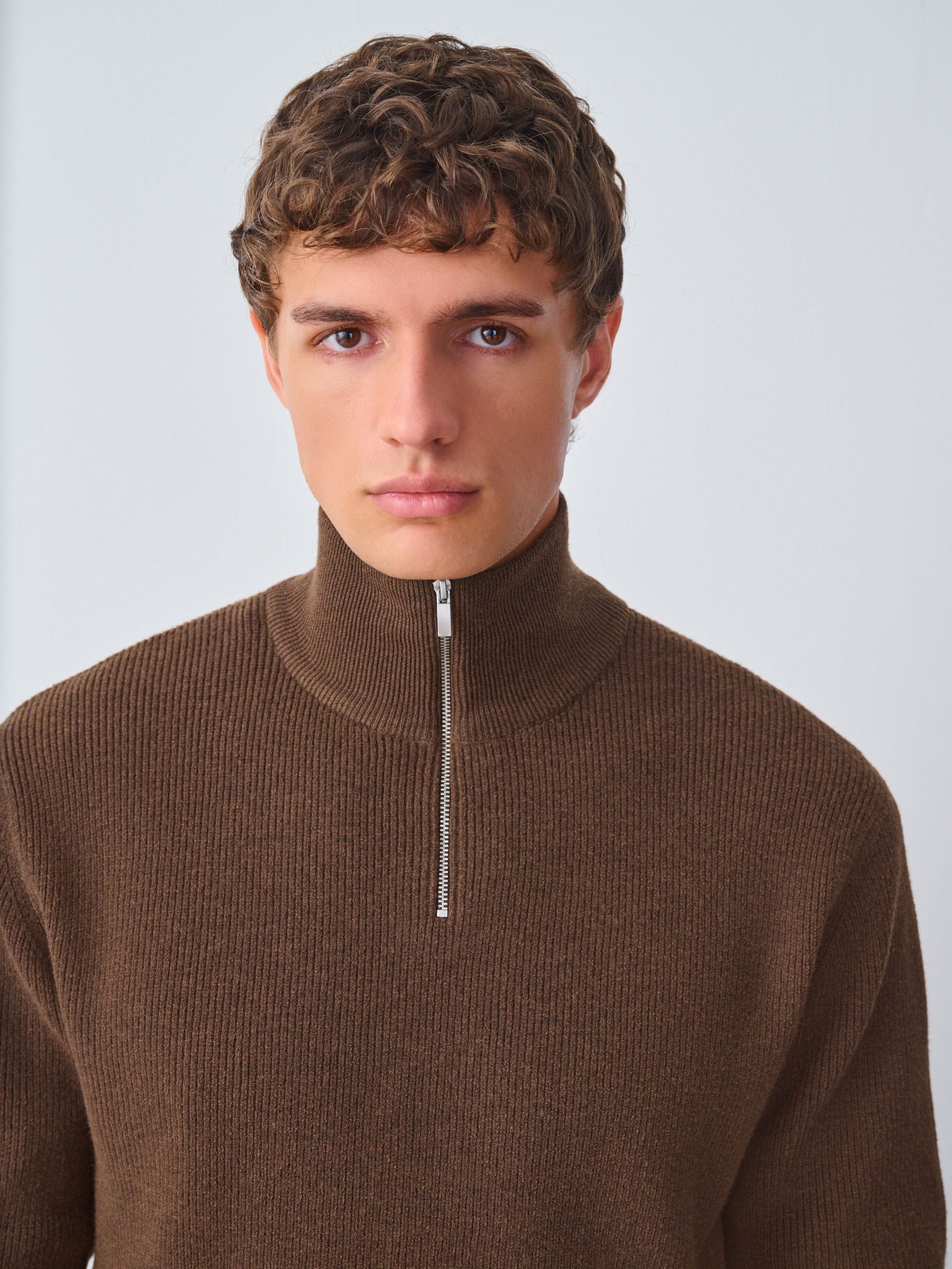 Buy Rust Brown Regular Fit Essential Ribbed Quarter Zip Neck