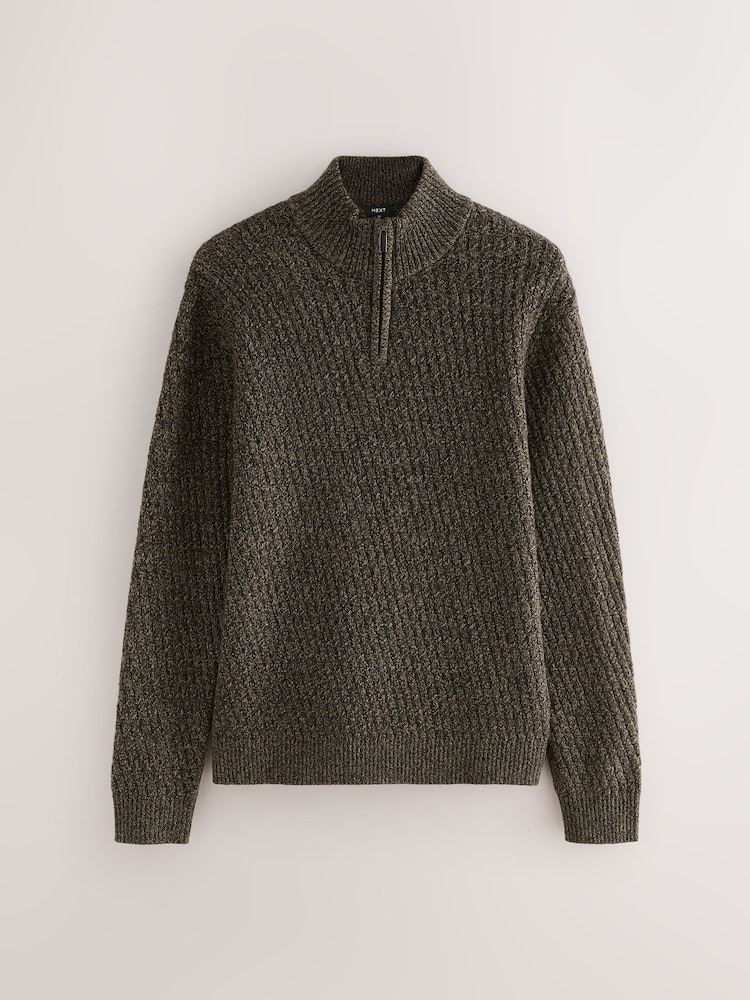 Green Quarter Zip Regular Fit Textured Quarter Zip Neck Jumper - Image 1 of 3