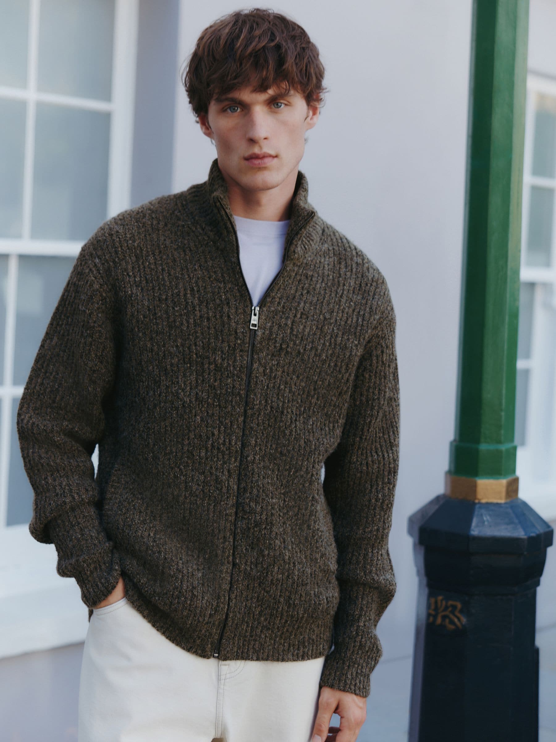 Buy Khaki Green Regular Fit Textured Knit Zip Through Cardigan