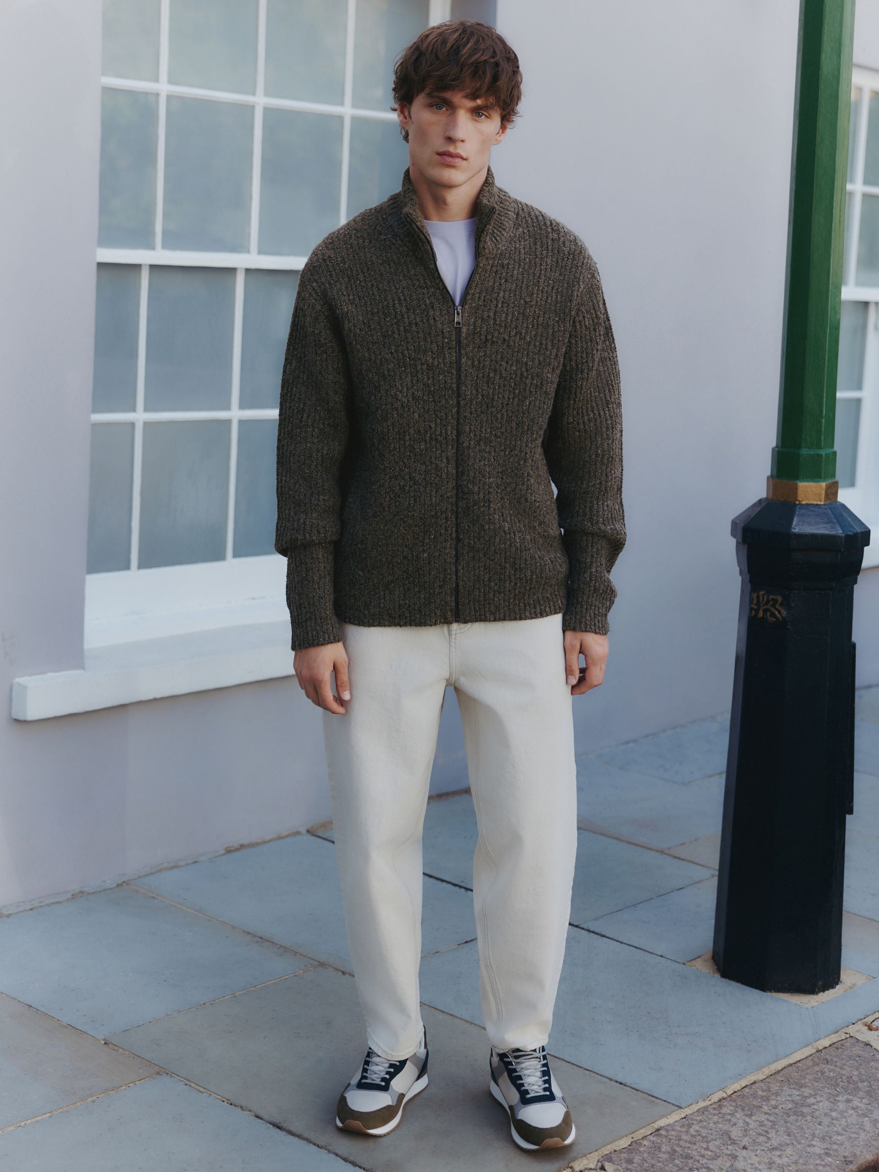 Buy Khaki Green Regular Fit Textured Knit Zip Through Cardigan