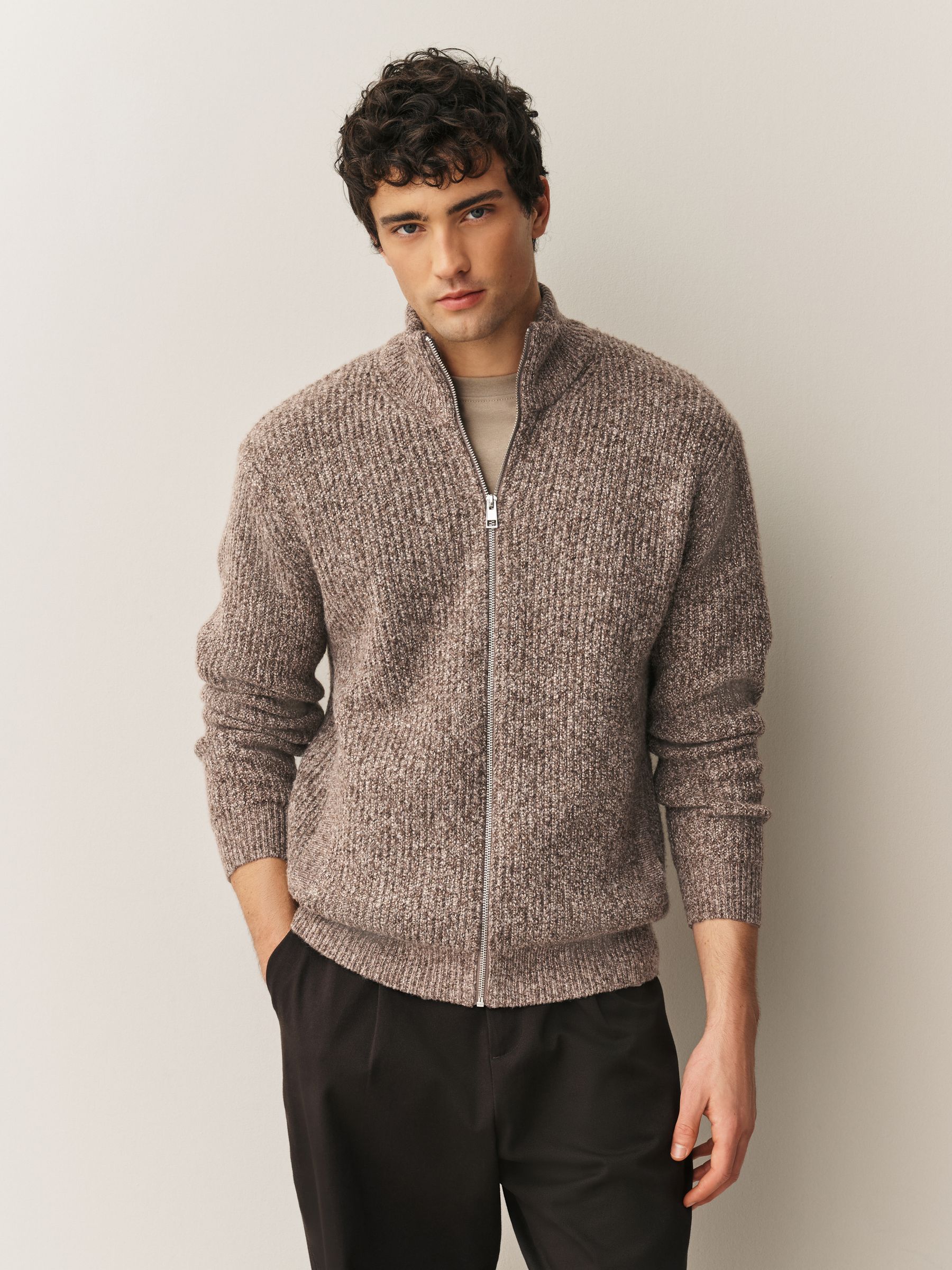 Buy Brown Regular Fit Textured Knit Zip Through Cardigan with Wool
