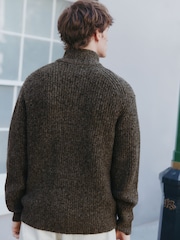 Brown Regular Fit Textured Knit Zip Through Cardigan with Wool - Image 3 of 6