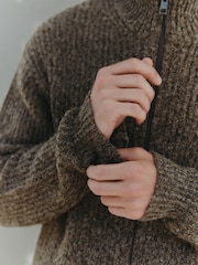 Brown Regular Fit Textured Knit Zip Through Cardigan with Wool - Image 6 of 6