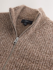 Brown Regular Fit Textured Knit Zip Through Cardigan with Wool - Image 8 of 8
