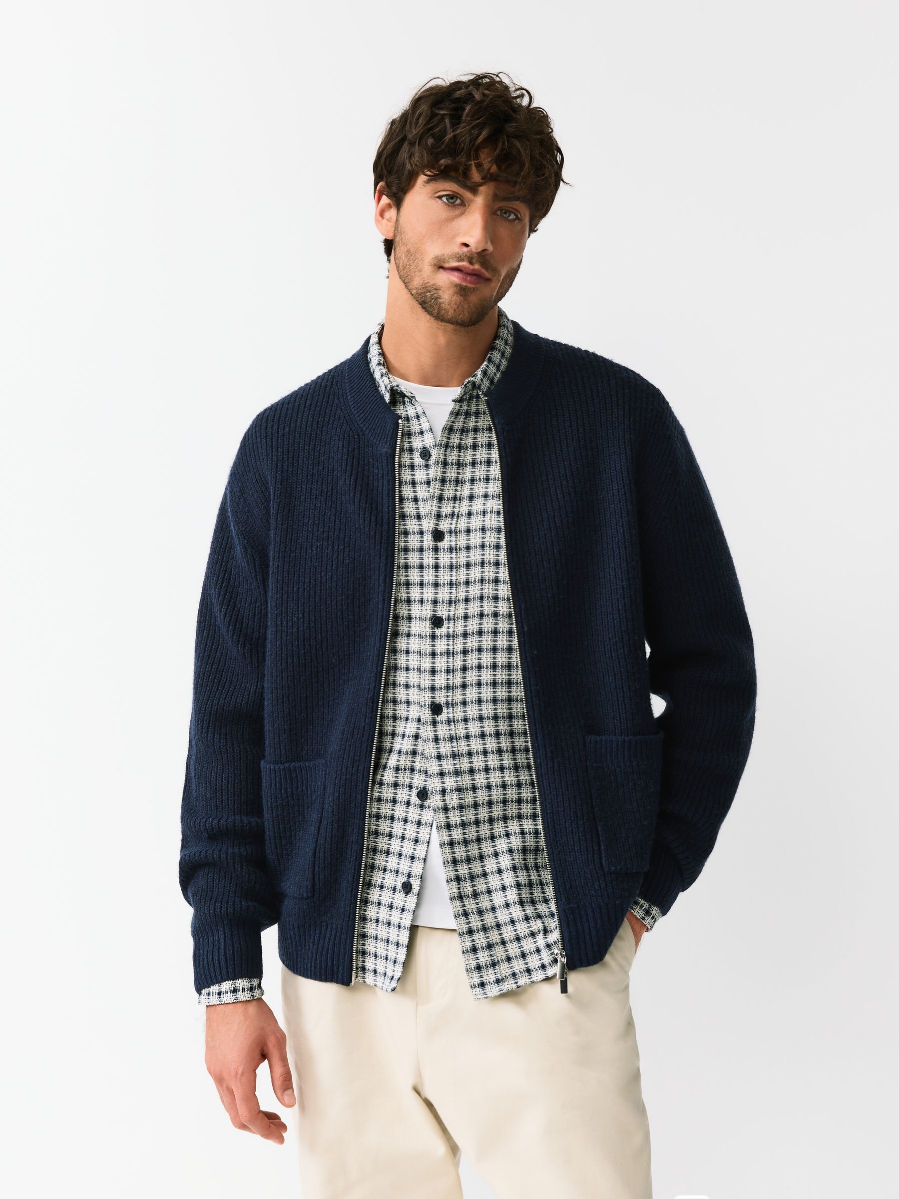 Buy Navy Blue Rib Texture Zip Through Cardigan with Wool from the