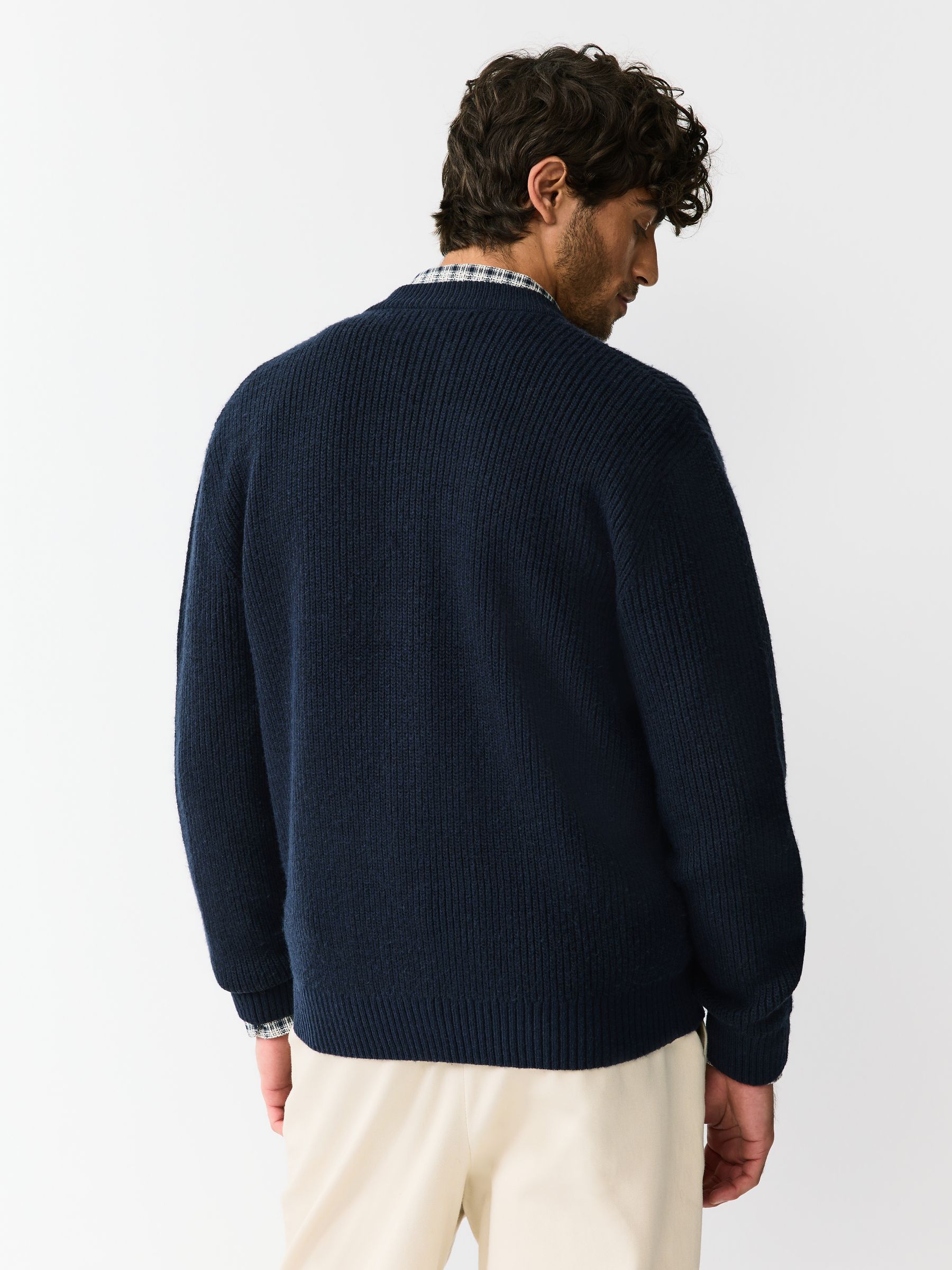 Buy Navy Blue Rib Texture Zip Through Cardigan with Wool from the