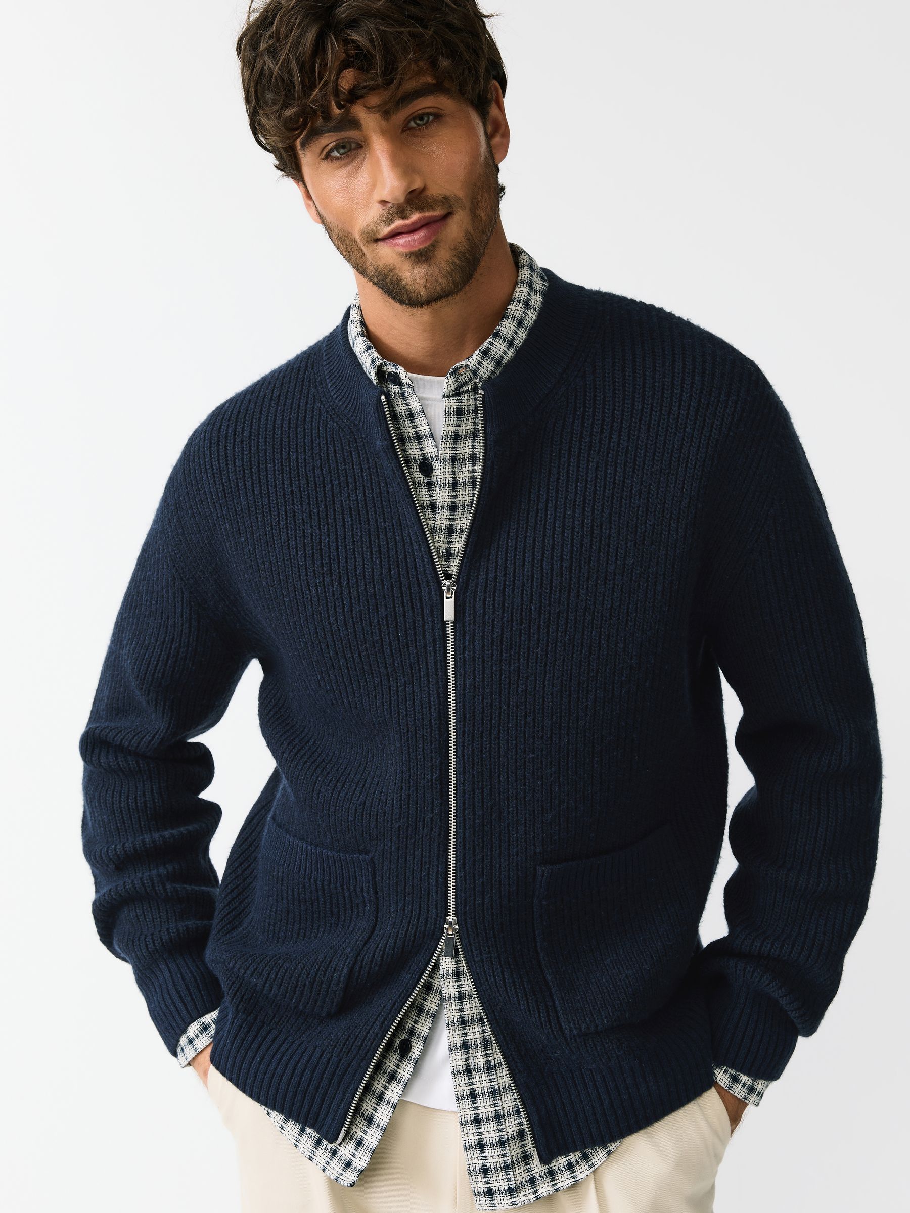 Buy Navy Blue Rib Texture Zip Through Cardigan with Wool from Next USA