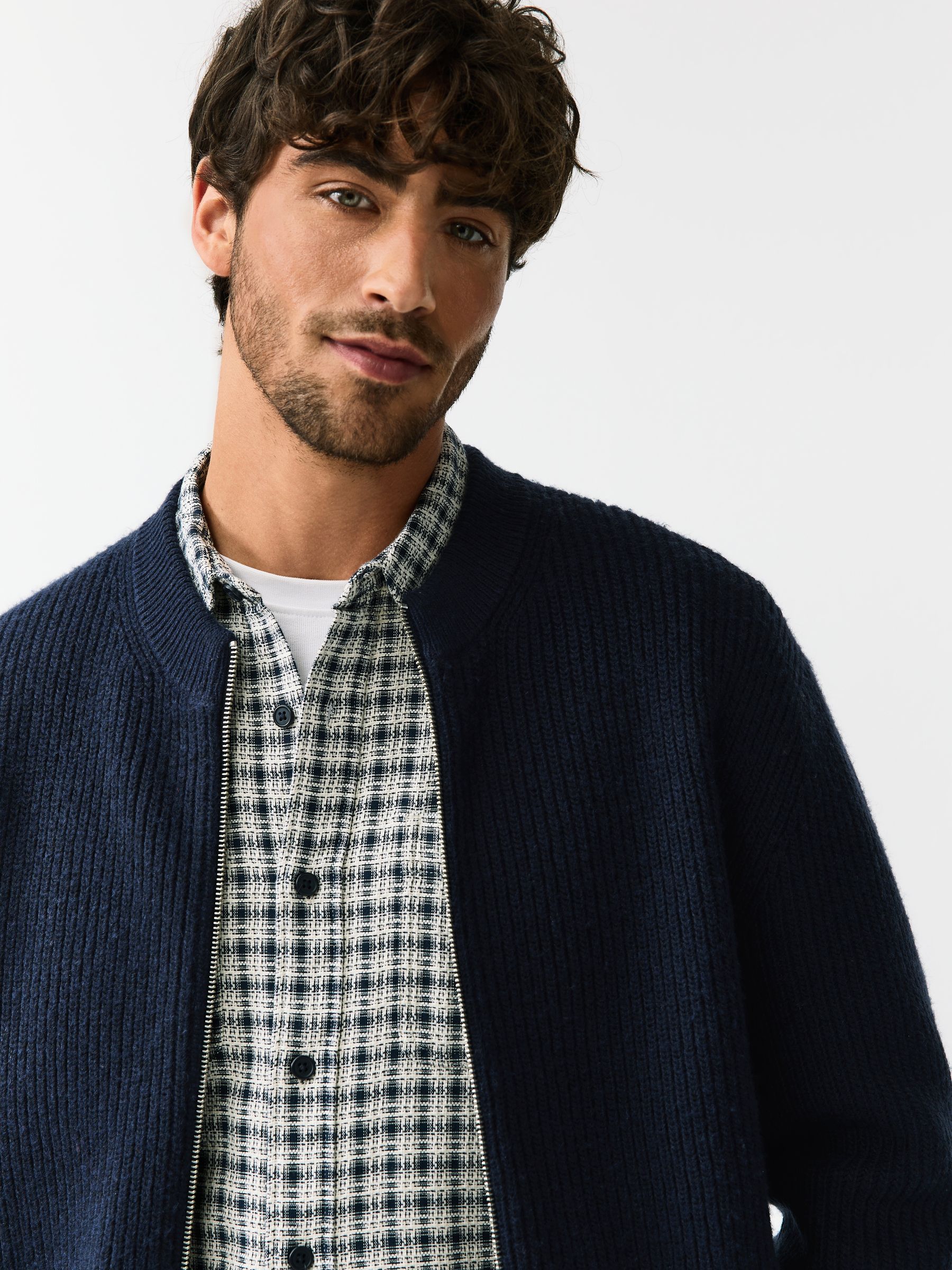 Buy Navy Blue Rib Texture Zip Through Cardigan with Wool from the