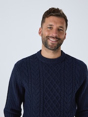 Mornarsko modra - Pleten pulover v standardnem kroju Aran z okroglim ovratnikom iz volne - Slika 1 iz 9