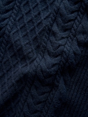 Mornarsko modra - Pleten pulover v standardnem kroju Aran z okroglim ovratnikom iz volne - Slika 2 iz 9