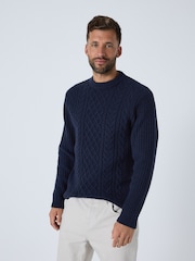 Mornarsko modra - Pleten pulover v standardnem kroju Aran z okroglim ovratnikom iz volne - Slika 3 iz 9