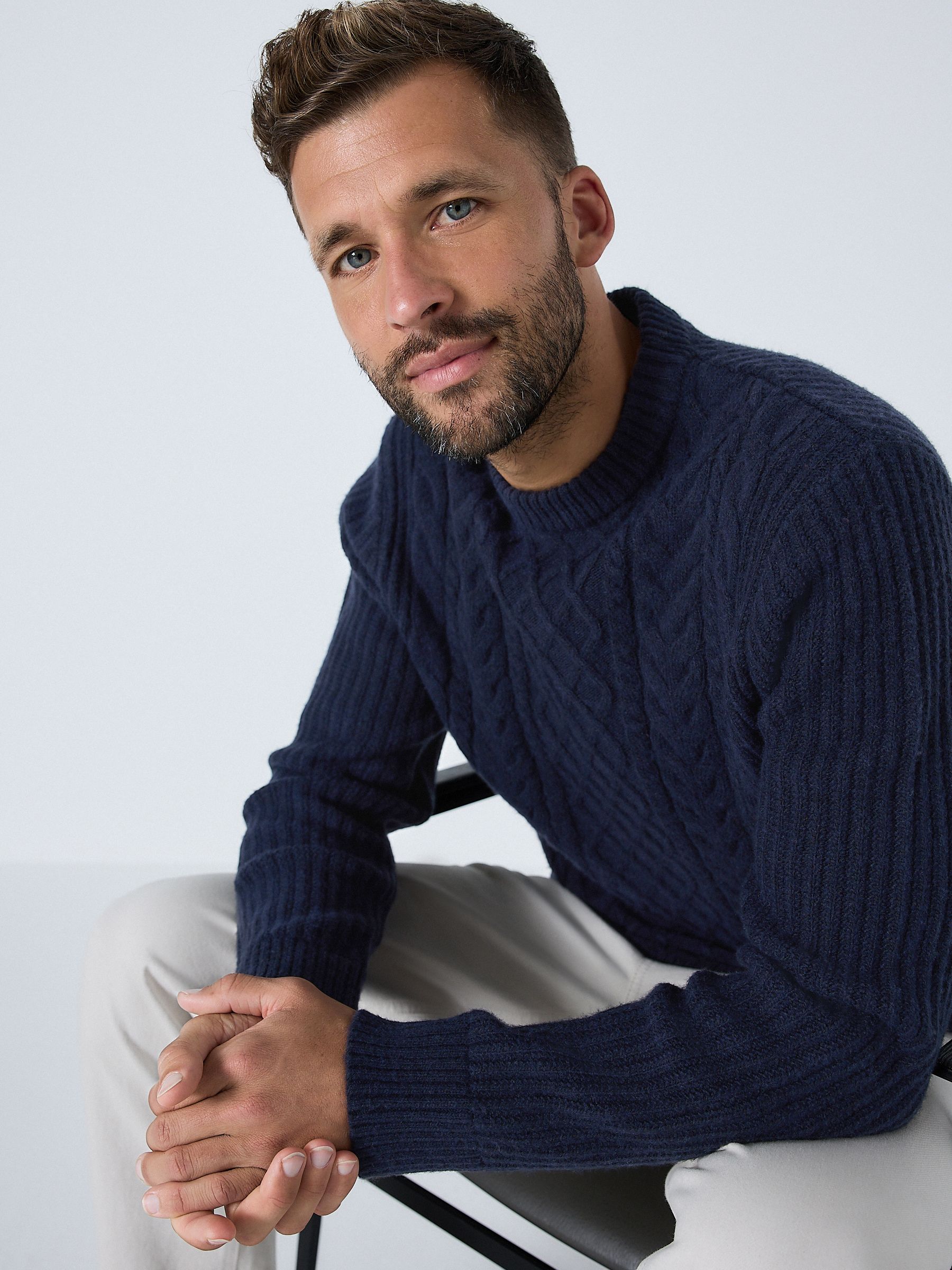 Buy Navy Blue Regular Fit Aran Cable Knit Crew Neck Jumper with