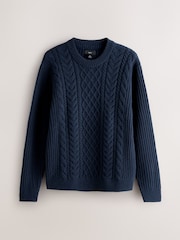 Mornarsko modra - Pleten pulover v standardnem kroju Aran z okroglim ovratnikom iz volne - Slika 8 iz 9