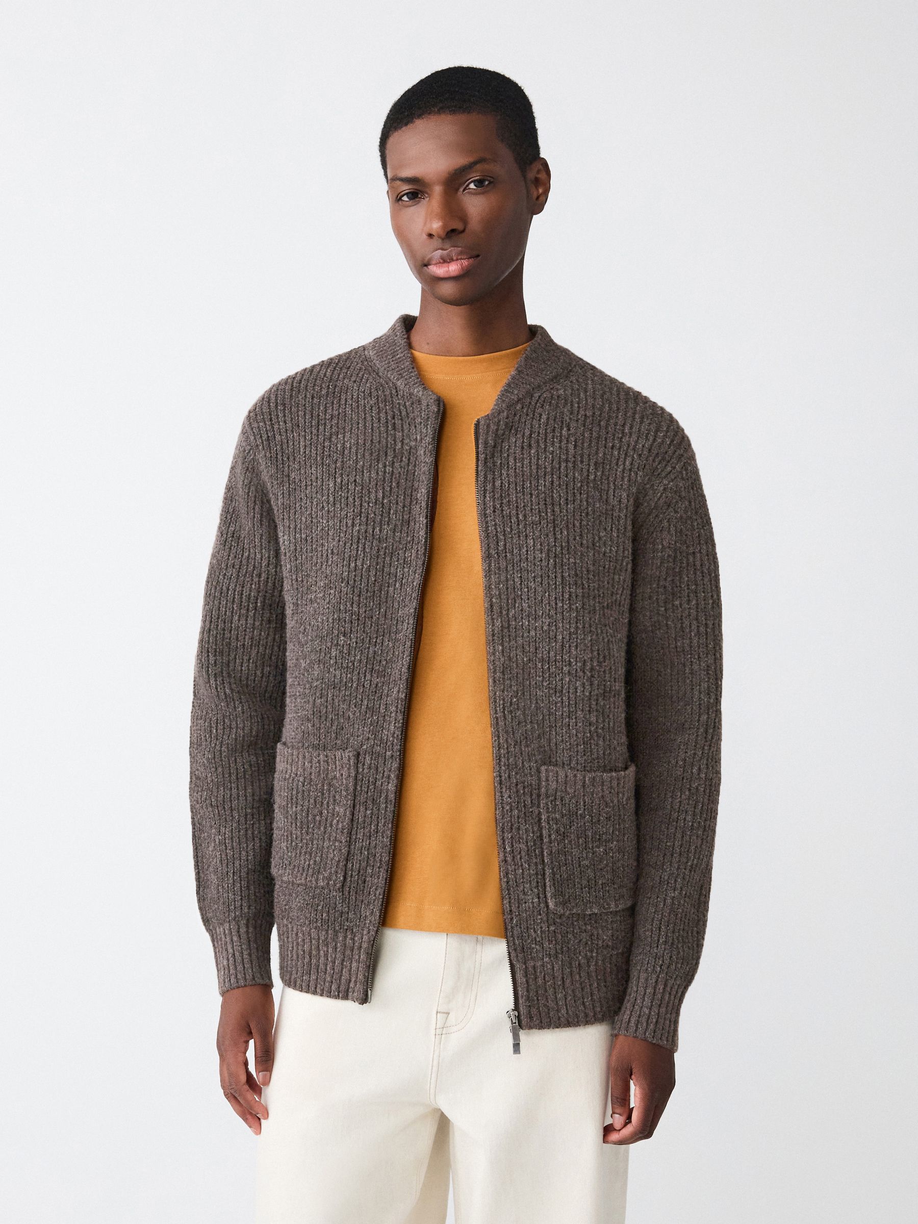Buy Brown Rib Texture Zip Through Cardigan with Wool from Next USA