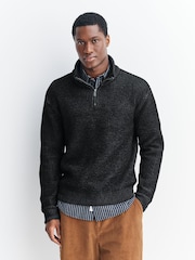 Black Regular Fit Waffle Texture Chenille Zip Neck Jumper - Image 3 of 8