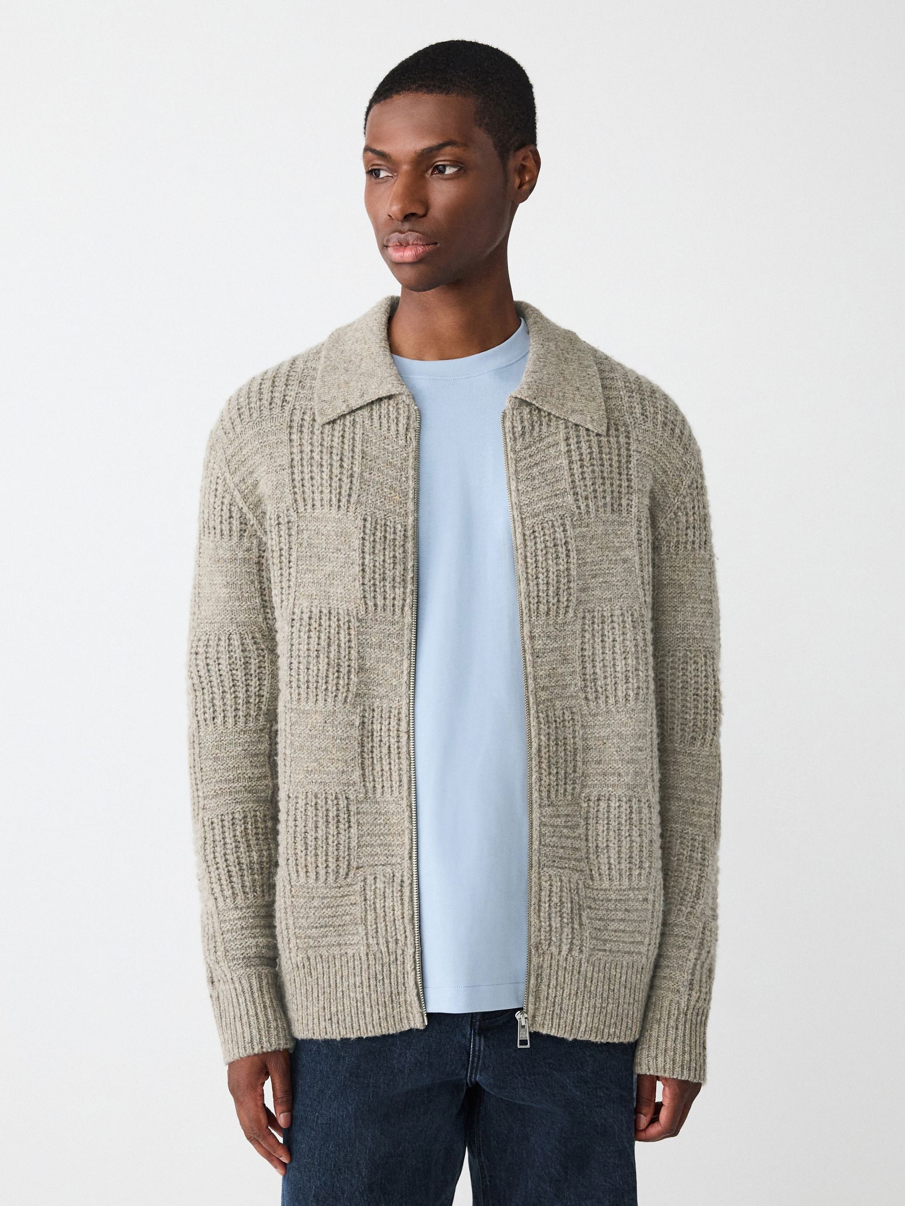 Buy Neutral Relaxed Fit Checkerboard Textured Knit Zip Through