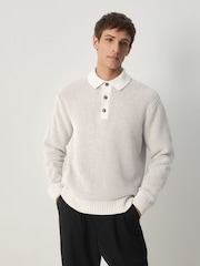 Ecru Relaxed Fit Waffle Textured Chenille Knitted Polo Shirt - Image 1 of 9