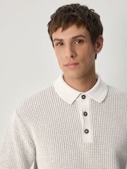 Ecru Relaxed Fit Waffle Textured Chenille Knitted Polo Shirt - Image 5 of 9