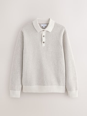 Ecru Relaxed Fit Waffle Textured Chenille Knitted Polo Shirt - Image 6 of 9