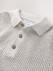 Ecru Relaxed Fit Waffle Textured Chenille Knitted Polo Shirt - Image 8 of 9