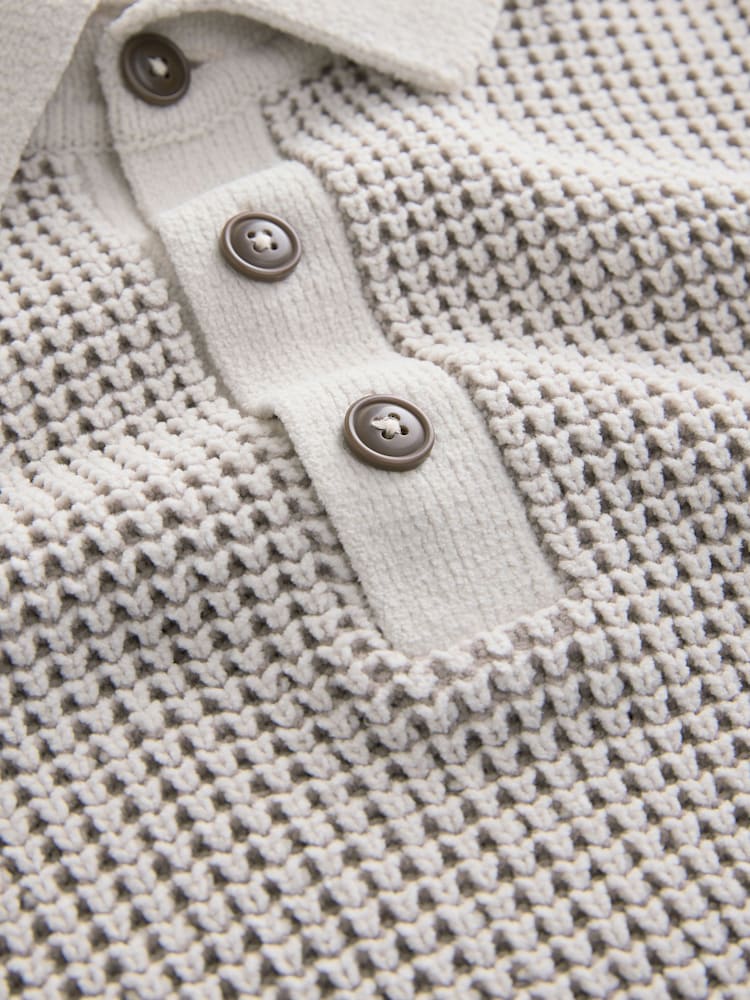 Ecru Relaxed Fit Waffle Textured Chenille Knitted Polo Shirt - Image 9 of 9