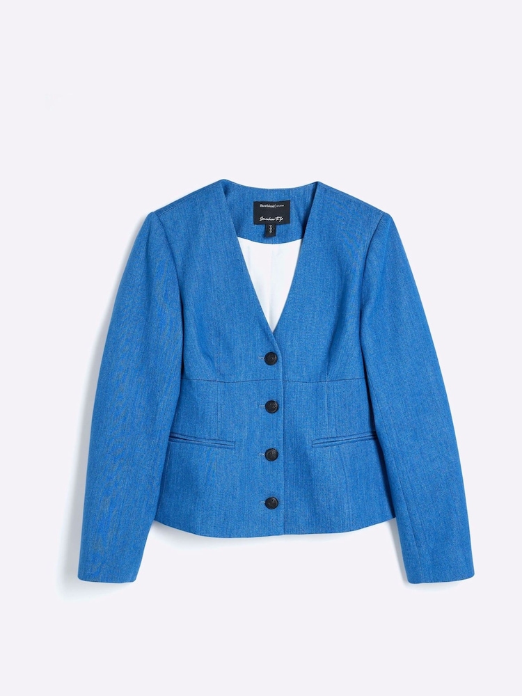 River Island Blue Denim V-Neck Blazer - Image 5 of 6