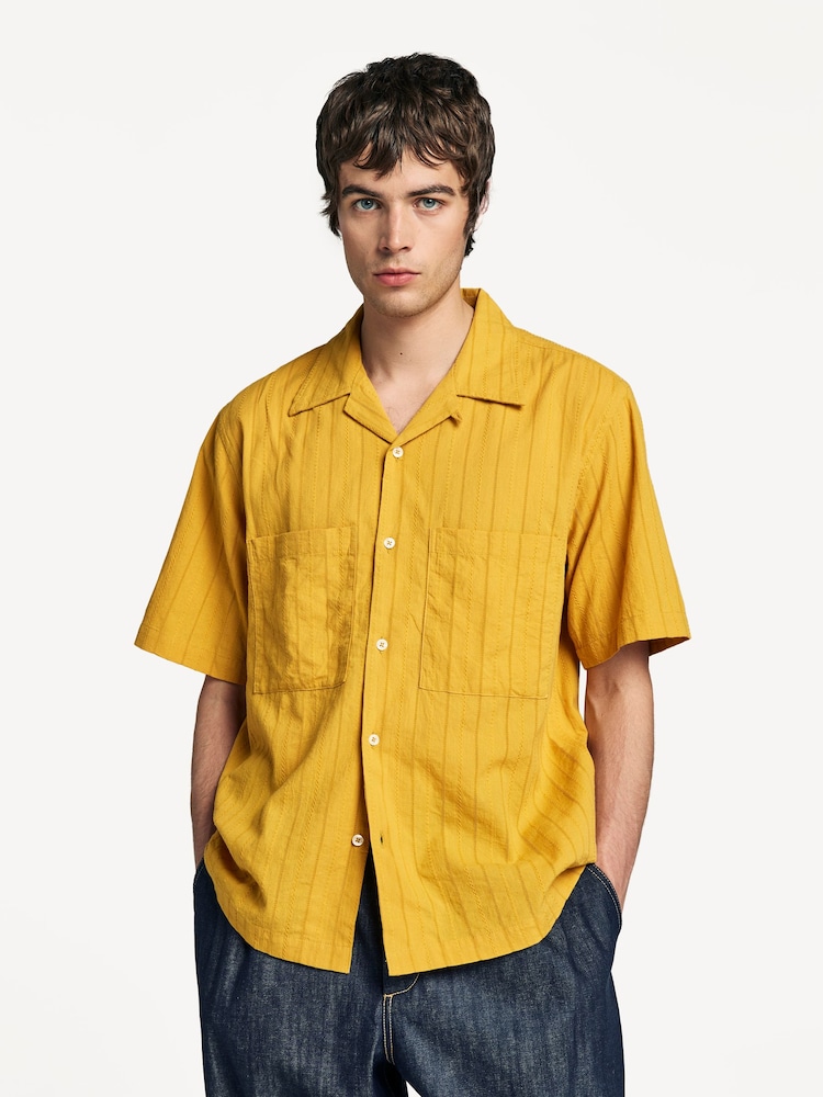 Universal Works Yellow Camper Shirt Dobby Self Stripe Shirt - Image 1 of 8 Universal Works Yellow Camper Shirt Dobby Self Stripe Shirt - Image 1 of 8
